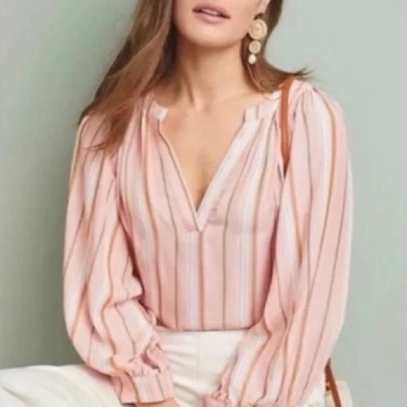 Anthropologie Maeve Byron Striped Balloon Sleeve Blouse X-Small, light pink - Picture 14 of 14
